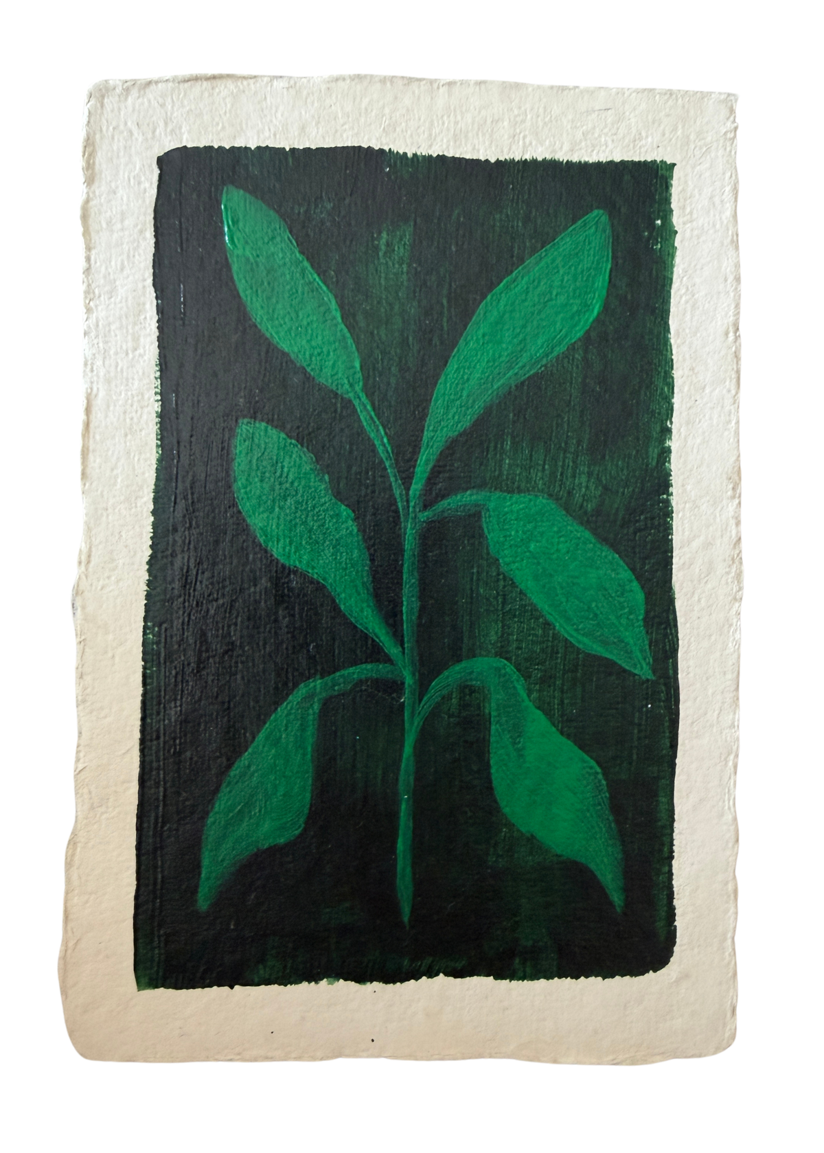 Emerald Sprig on Forest Green | Mini Botanical Original Acrylic Painting on Aged Paper