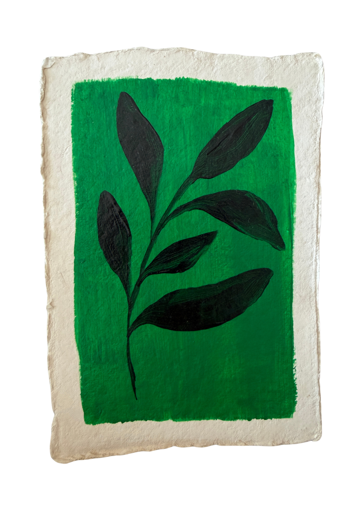Shadow Sprig on Emerald | Original Leaf Painting on Aged Watercolor Paper