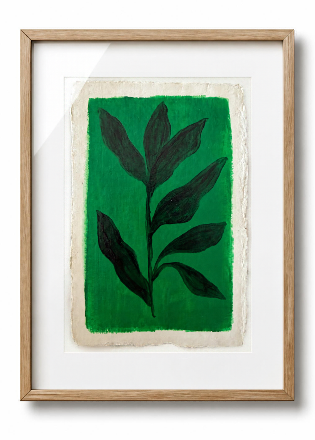 Dark Leaves on Bright Green | Small Botanical Original Painting, Deckled Edge