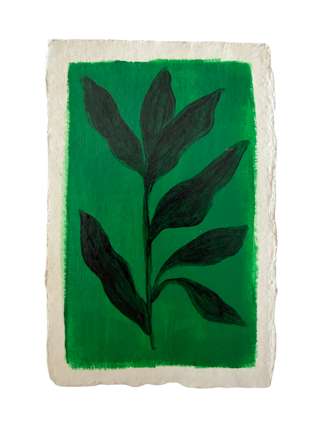 Dark Leaves on Bright Green | Small Botanical Original Painting, Deckled Edge