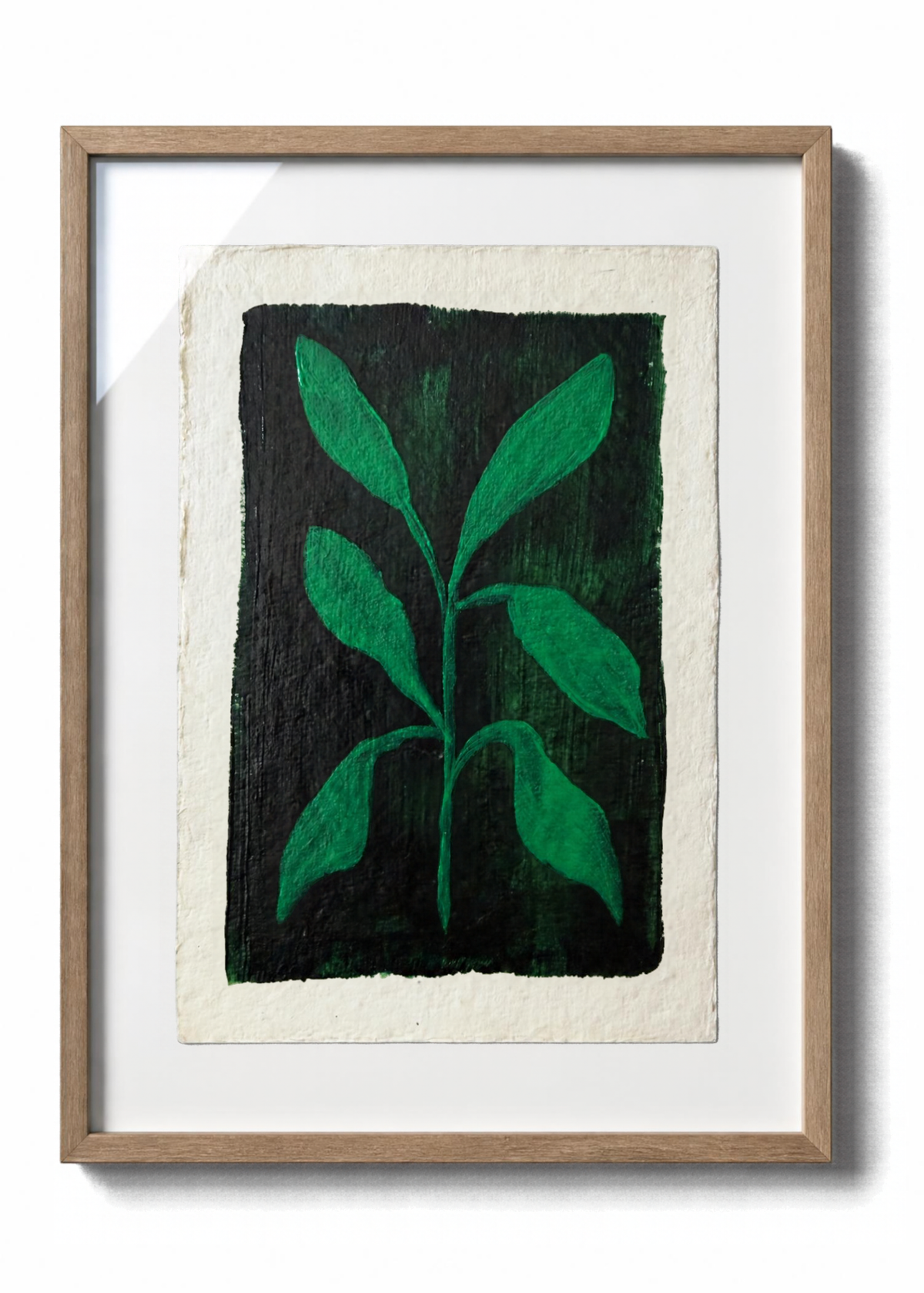 Emerald Sprig on Forest Green | Mini Botanical Original Acrylic Painting on Aged Paper