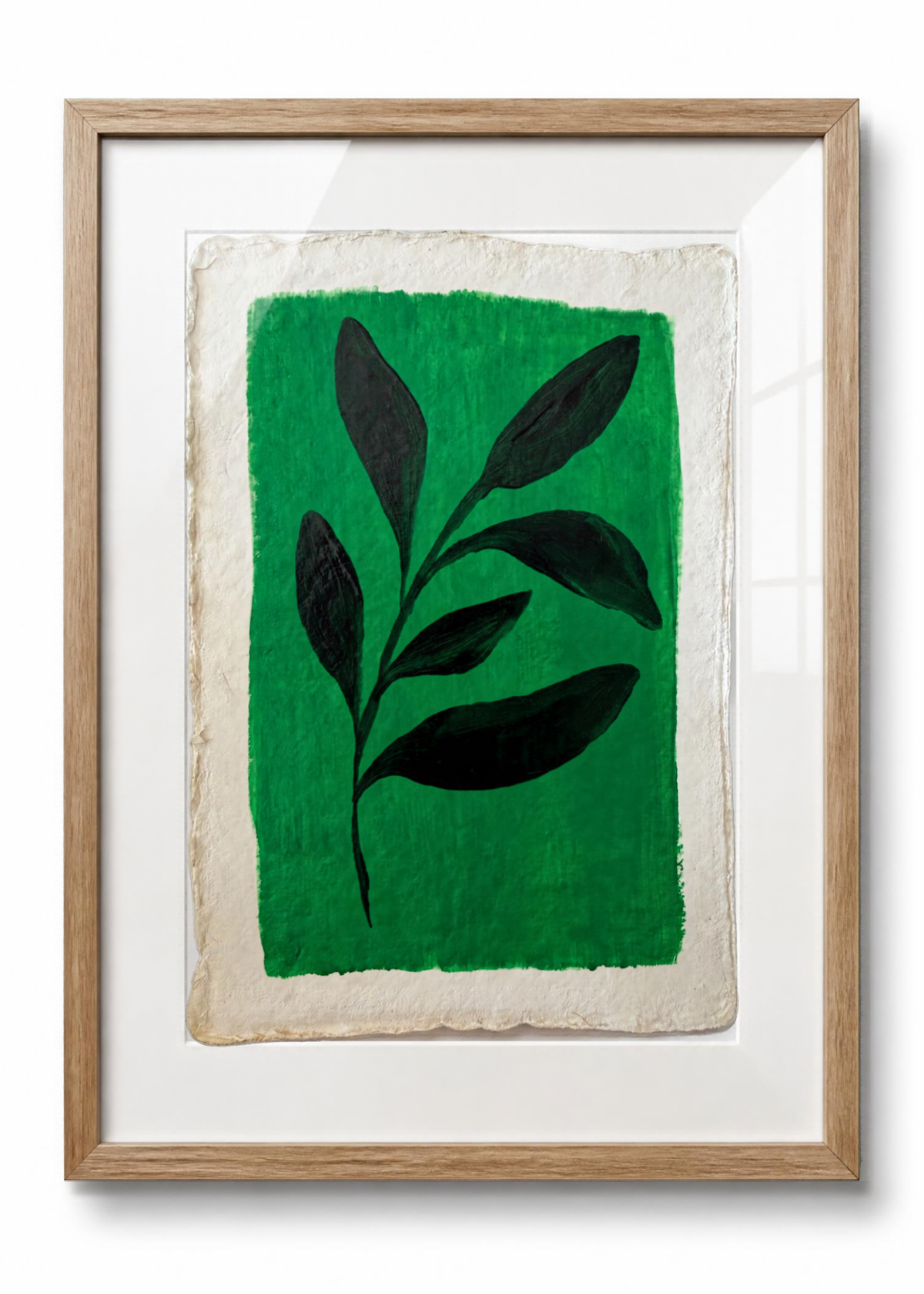 Shadow Sprig on Emerald | Original Leaf Painting on Aged Watercolor Paper